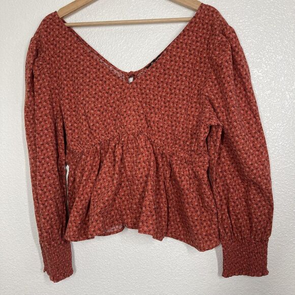 Madewell Top Womens Large Rust Floral Peplum Long Sleeve V Neck Tie Back Boho - Picture 1 of 12